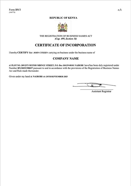Kenya certificate of incorporation Word and PDF template, version 2